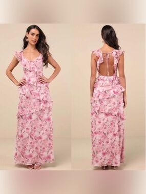 Lulus Evangeline Pink Floral Ruffle Maxi Dress | Open Back | S